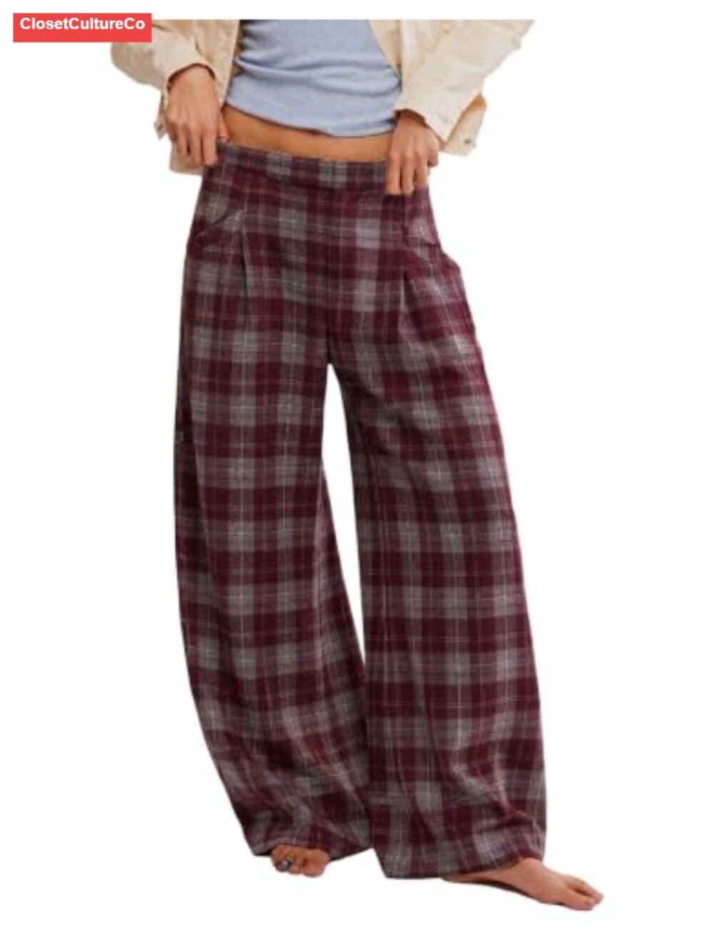 Women's Plaid Wide Leg High Waisted Pleated Trousers Work Slacks